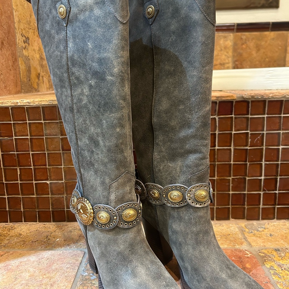 Steve Madden Brown Heeled Boots with Gold Accents
